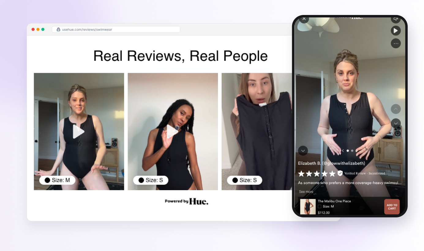 Hue shoppable video shown across a desktop browser and a mobile phone — real review videos with size tags and an add-to-cart player
