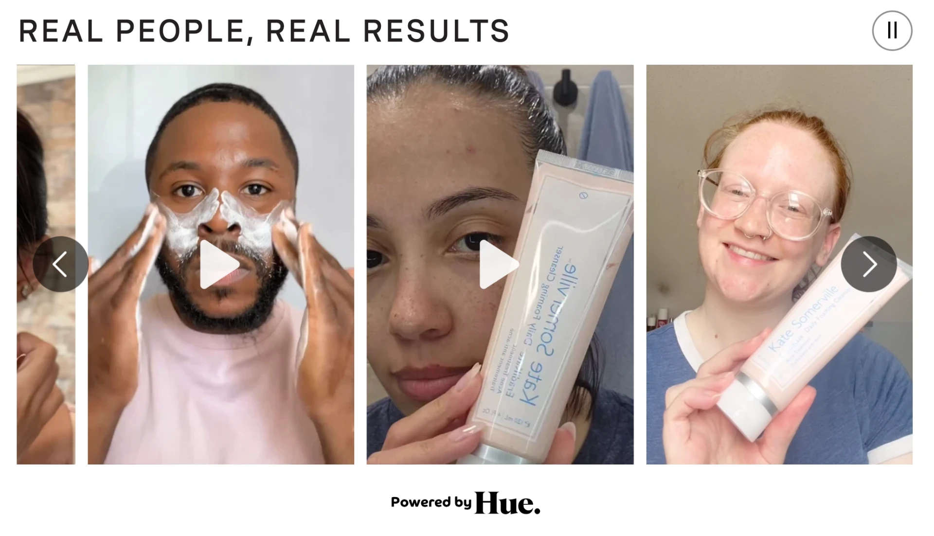 Real People, Real Results shoppable video row on Kate Somerville's site