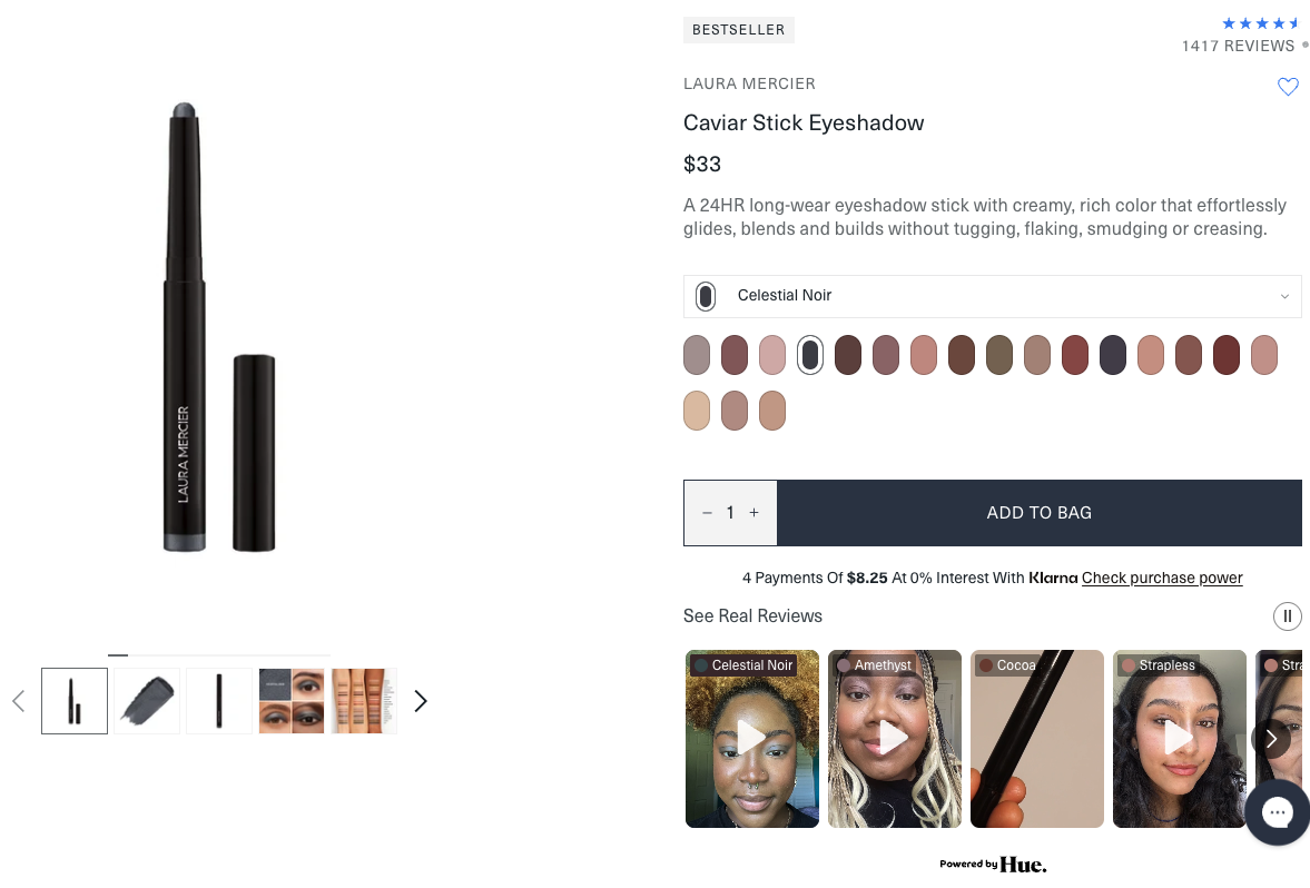 Laura Mercier retailer product page with a Hue-powered shoppable video carousel of creator reviews beneath the add-to-bag section