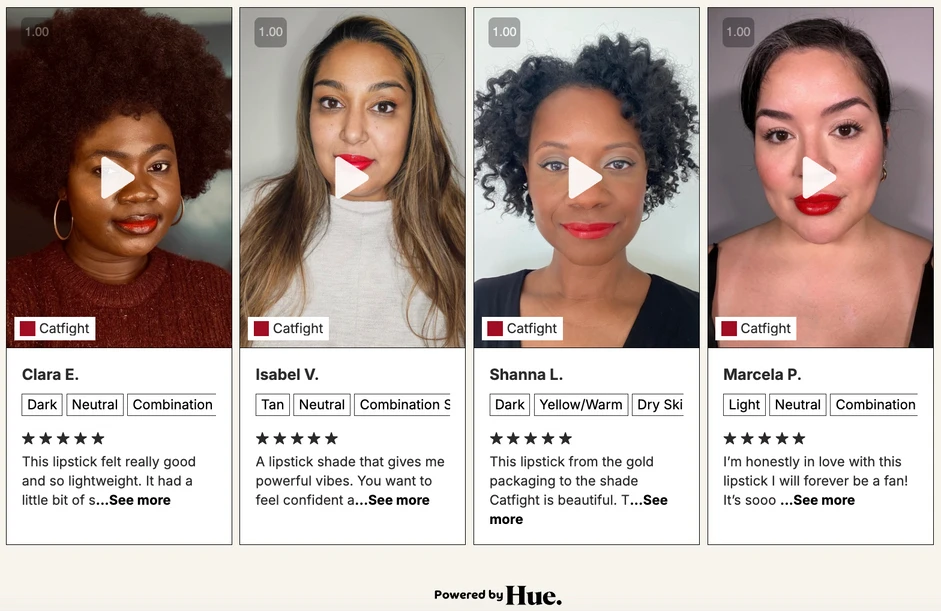 Row of Fashion Fair Catfight lipstick video reviews across skin tones