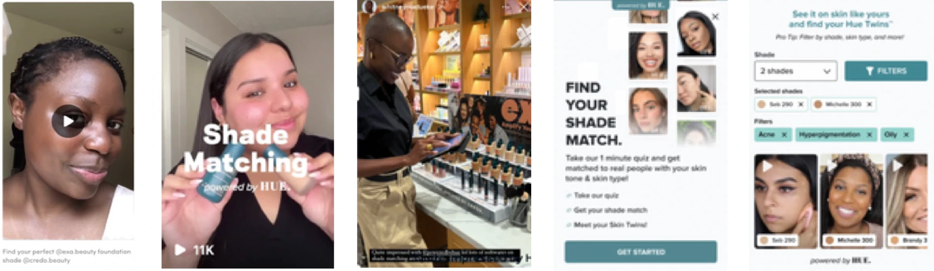 Credo and EXA Beauty creator videos, shade match quiz, and filtered Hue Twins module