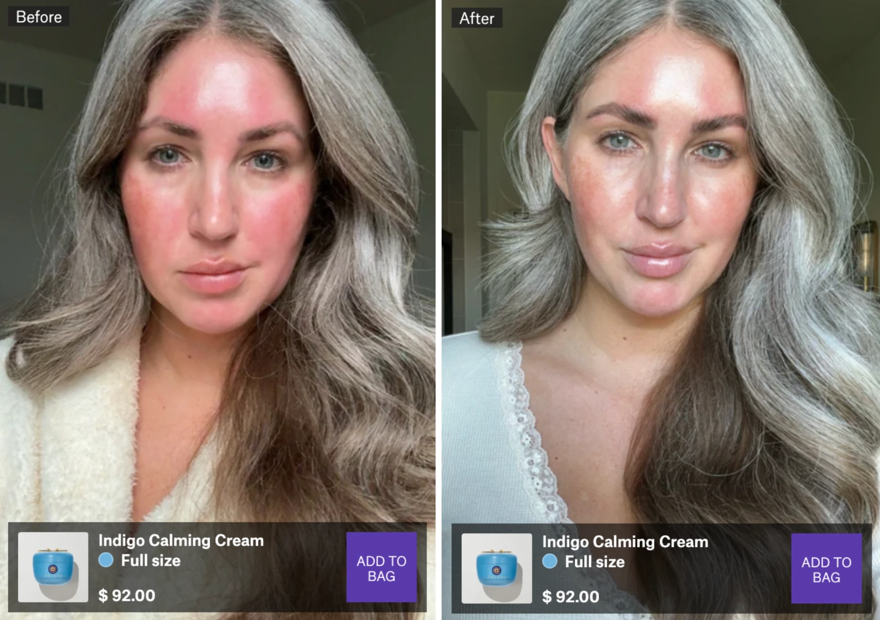 Before and after shoppable video frames for Tatcha Indigo Calming Cream with add-to-bag