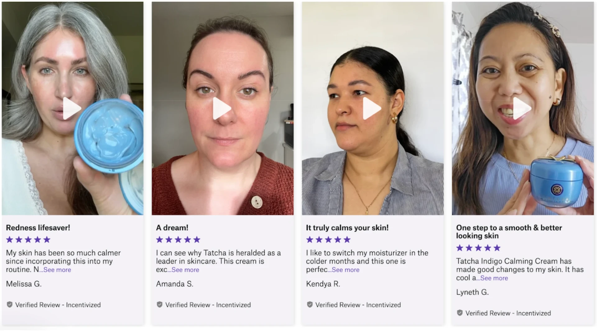 Hue video review cards for Tatcha Indigo Calming Cream