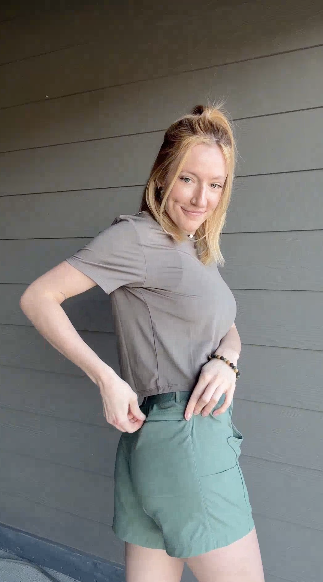 Creator reviewing an activewear set on camera