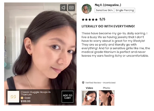Hue shoppable video review for Classic Huggie Hoops in Titanium with add-to-cart