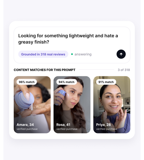 AI answer prompt card grounded in 318 real reviews, with matched creator videos ranked by match score