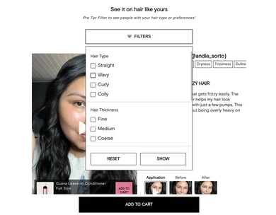 Ceremonia 'See it on hair like yours' filter with Hue shoppable video on the Guava Leave-In Conditioner PDP