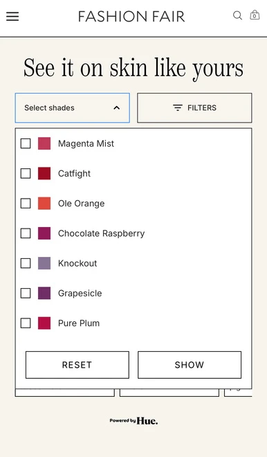 Fashion Fair 'See it on skin like yours' shade filter powered by Hue