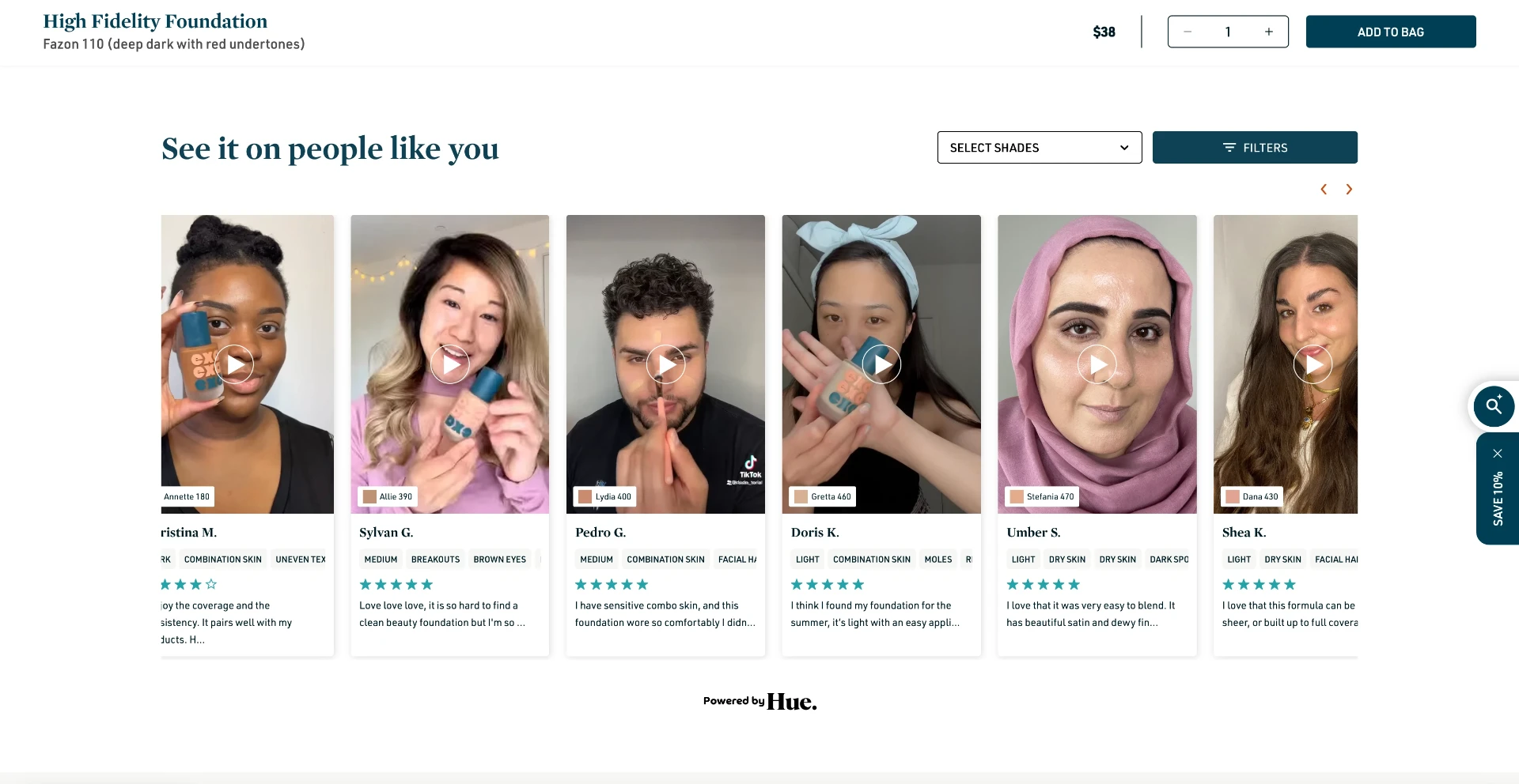 Hue 'See it on people like you' video module on the EXA High Fidelity Foundation PDP