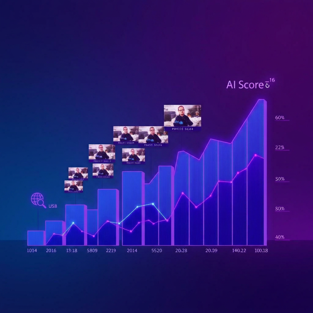 Abstract visualization of ranked video thumbnails climbing a performance chart
