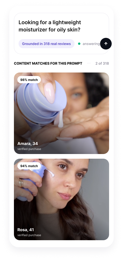 AI answer prompt card grounded in real reviews, with matched UGC videos