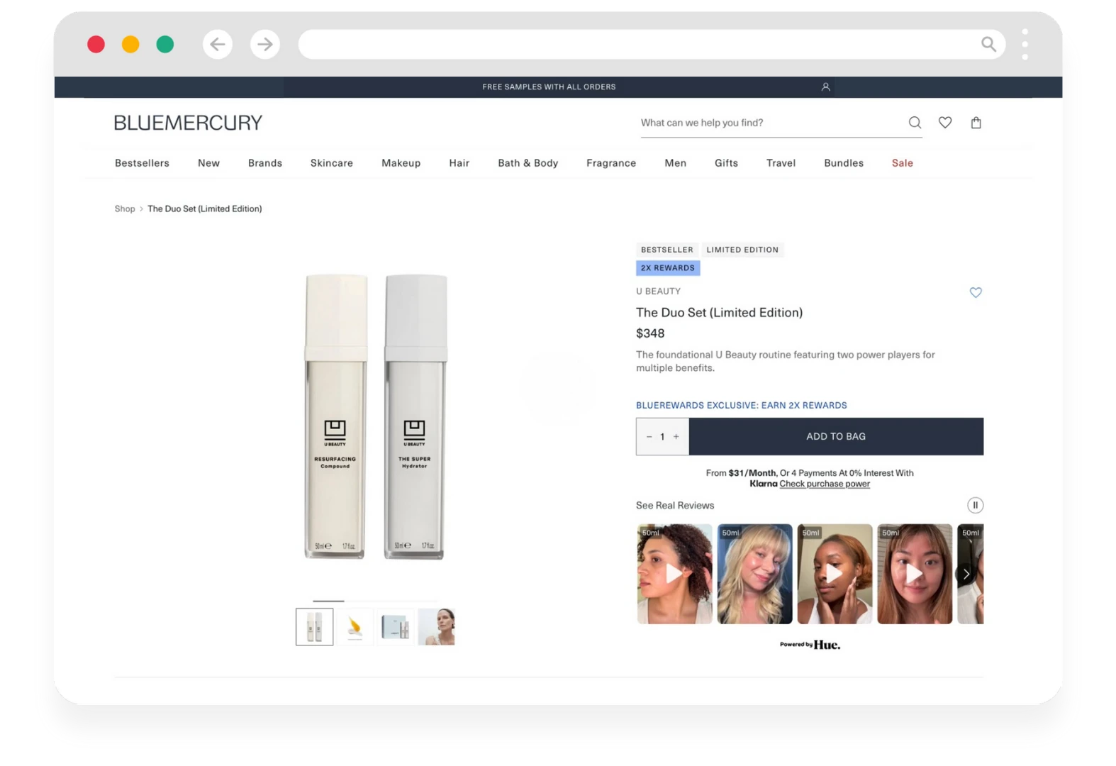 Hue shoppable video on Bluemercury U Beauty PDP