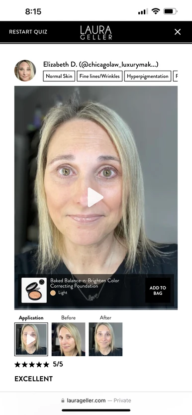 Hue Shoppable Video and quiz result on Laura Geller's Baked Balance-n-Brighten Foundation PDP